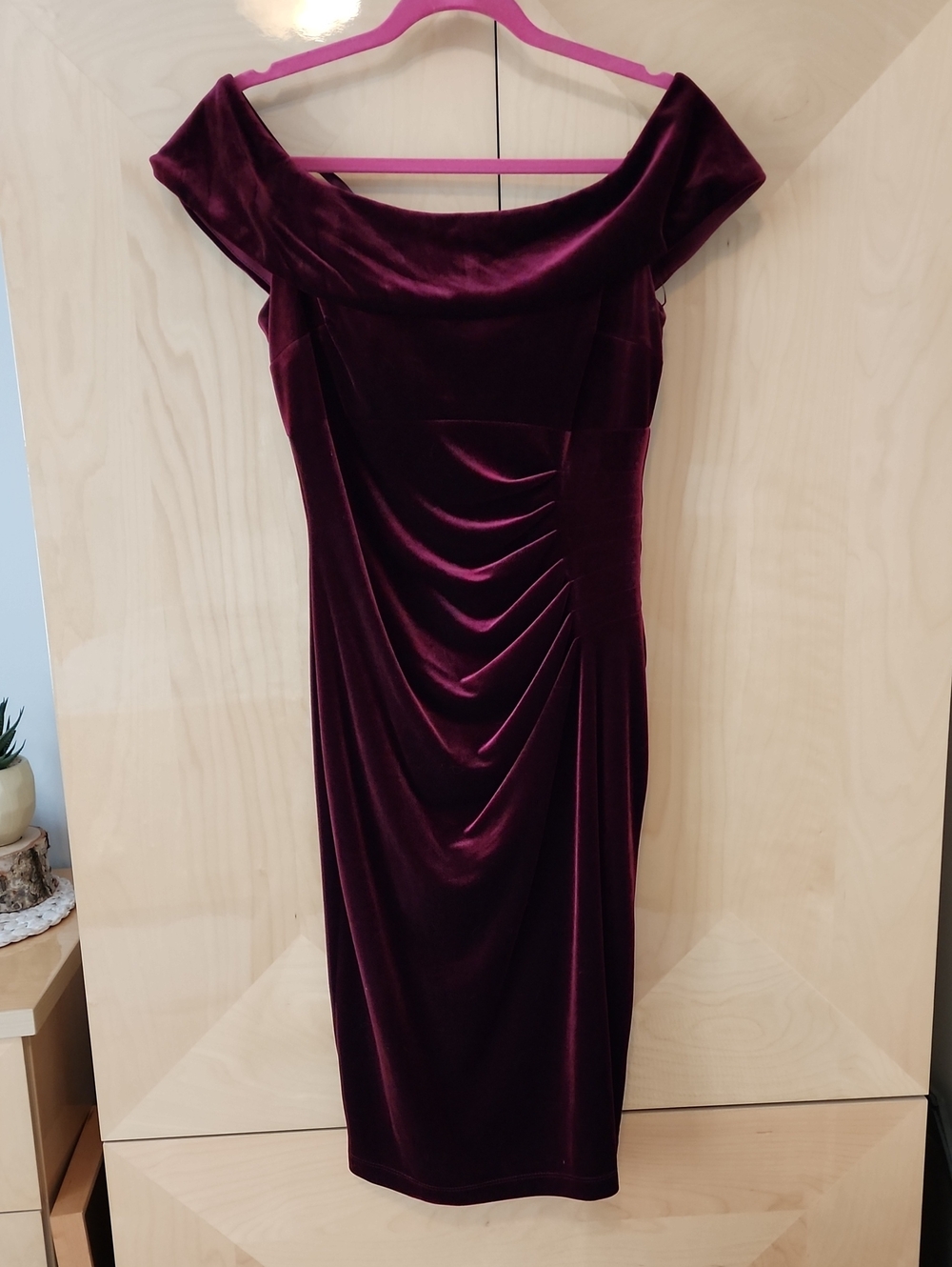 Xscape Burgundy Velvet Off Shoulder Dress Size 12